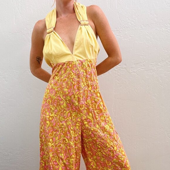 Vintage Pants - Vintage 1970's Groovy Yellow Pink Printed Wide Leg Halter Jumpsuit